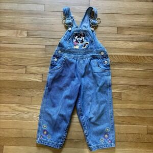 Vintage Disney Mickey & Minnie Mouse Kids Denim Overalls‎ 2T Toddler 90s Flowers